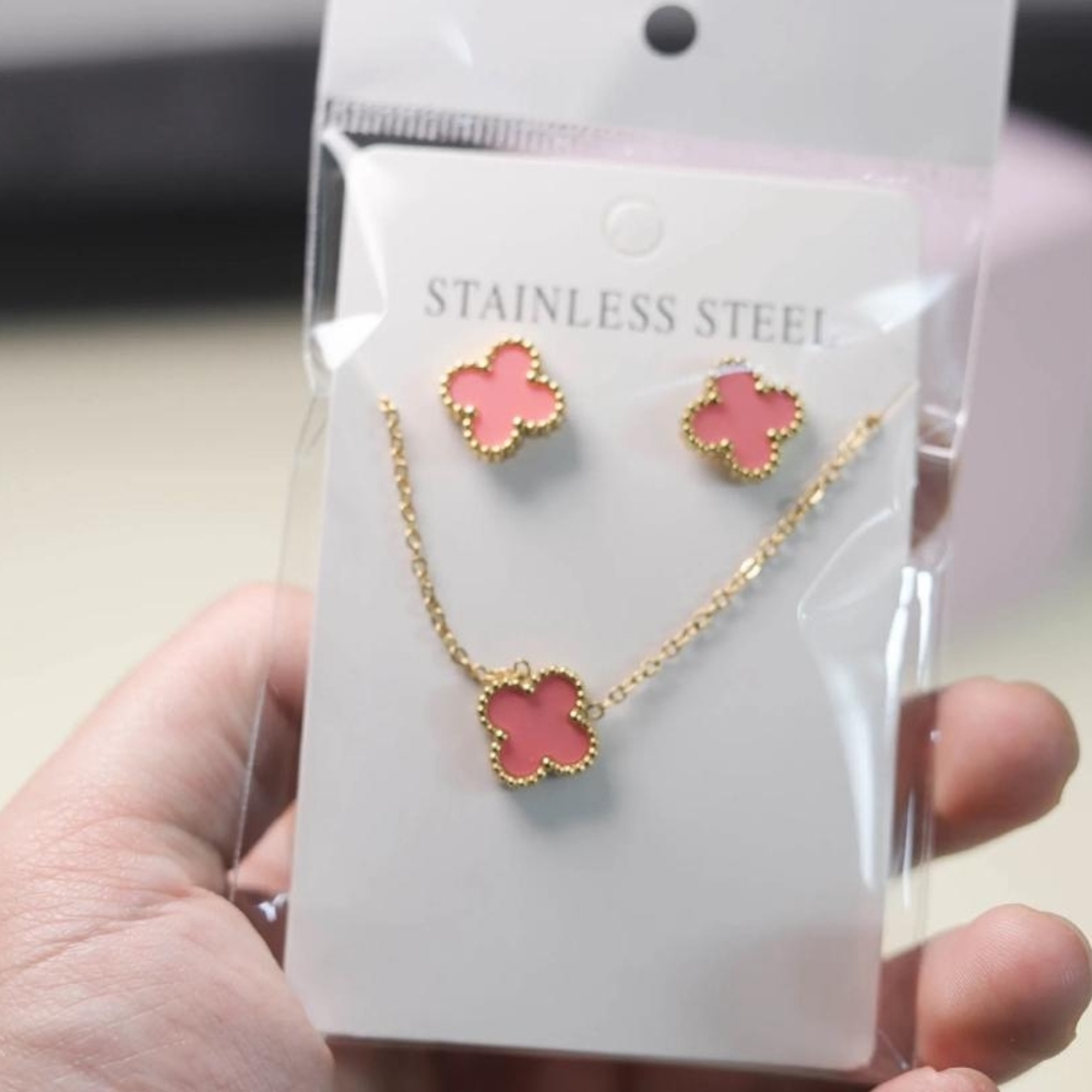 Gold and Pink Stainless Steel Jewelry Set